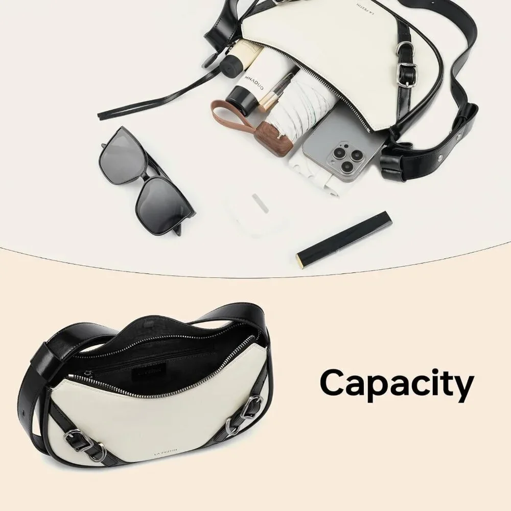 Women Cream White Soft Leather and polyester  Hobo Bag with Adjustable Strap